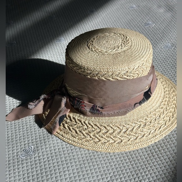 Sensi Studio Straw Lamp Shade W/Printed Fabric Band Hat in color Natural